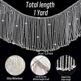 Rhinestone Fringe Trim 1 Yard, Extra Long Sparkling Crystal Tassel Chain for Wedding Dress Decorations, Costumes, Sewing DIY Crafts (Gold,AB Color Long Fringe Trim)