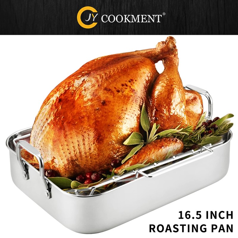 JY COOKMENT Roasting Pan with Baking Rack, 16.5 Inch Stainless