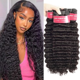 LUXEDIVA Deep Wave Human Hair Bundles 14 16 18 Inch 100% Unprocessed Raw Brazilian Curly Bundles Human Hair Natural Black Color for Women