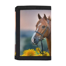 COEQINE Boys American Flag Wallet Trifold Large Capacity 9-18 Years Purse with Coin Pouches Horse Sunflower, Horse Sunflower