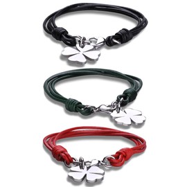 Yumilok Bracelet for Men and Women with Clover Pendant Charm Bracelets Friendship Bangles Strand Bracelets 3 Pieces (Black, Red, Green) Leather Stainless Steel, Leather Stainless Steel, without stone