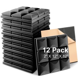Fstop Labs Acoustic Foam Panels, 12 Pack Black 2'' X 12" X 12" Self-adhesive Mushroom Studio Wedge Tiles, Sound Panels Sound Proof Foam Panels Sound Proofing Padding For Wall