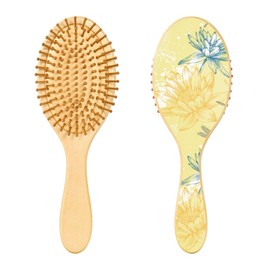 Paddle Brush Hair Brush, Round Wooden Pins Air cushion comb, Scalp massages Detangling Hair Hairbrush for Smoothing Hair Print Yellow Blue Water Lilies Dragonflies On Yellow