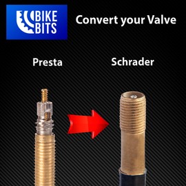 Bike Bits Presta Valve Adapter - Convert Presta to Schrader - French/UK to US - Inflate Tire Using Standard Pump Air Compressor (Black Round Caps)