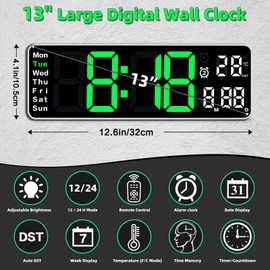 Fuloon 13 inch Large Digital Wall Clock, Digital Alarm Clock, 12/24H Digital Clock with Remote Control, Countdown Gym Timer with Date, Week, Temperature, Adjustable Brightness (Plug In Electricity)