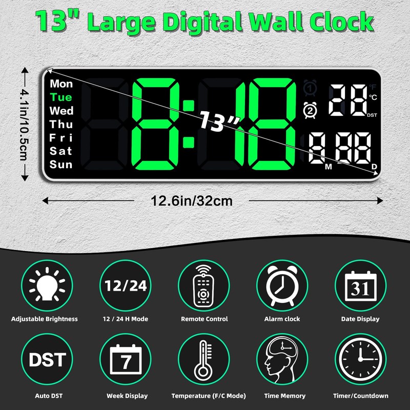 Fuloon 13 inch Large Digital Wall Clock, Digital Alarm Clock,