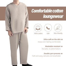 YUKITAC 100% Cotton Gauze Pajamas Set for Women & Men - Breathable Soft Sleepwear, Loose-Fit Lounge Wear with Elastic Waistband(S-XL) (AU, Alpha, X-Large, Regular, Regular, Khaki)