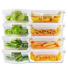 Bayco 8 Pack Glass Food Storage, Meal Prep Containers, Airtight with Lids - BPA-Free & Leak Proof (8 lids & 8 Containers) 30oz