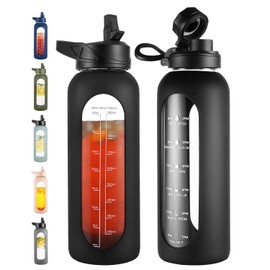 CIVAGO 40 oz Glass Water Bottle with Straw and Handle, Large Sports Motivational Water Bottle Flask with Time Marker and 2 Lids, Leakproof Water Jug Canteen with Silicone Sleeve for Gym,Black