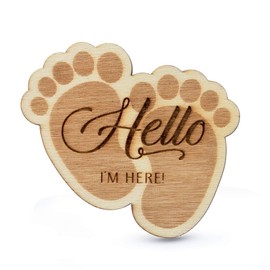 Summer-Ray 50pcs Wooden Baby Feet Baby Shower Tag with Wooden Peg Favor Tags (Hello I'm Here)