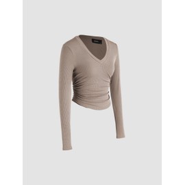 CIDER Women's Long Sleeve Tops V Neck Ruched Crop Top Solid Rib Shirts Basic Tee for Spring Fall: Khaki, L
