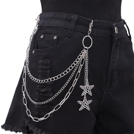 Hip Hop Starfish Pants Jean Chain for Women Men Punk Y2k Hollow Star Pendant Layered Trouser Waist Belt Chains Silver Statement Rock Wallet Biker Pocket Clothing Keychain Summer Beach Body Accessories