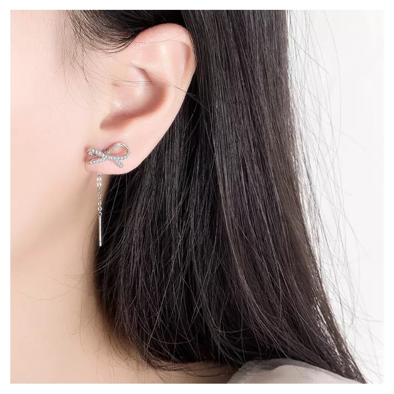 Women Sterling Silver Bow CZ Dangle Pull Through Threader Stud