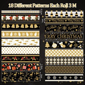 18 Rolls Washi Tape Christmas Set, Decorative Masking Tape Christmas Trees Gold Foil Tape for Christmas Crafts DIY Scrapbooking Planner Gift Packaging Decorations (Xmas Black)