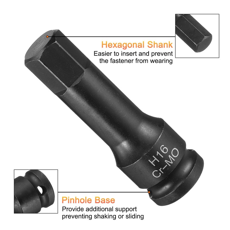 sourcing map 16mm Hex Impact Bit Socket H16 1/2" CR-MO