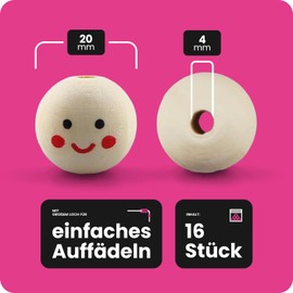 Netuno New Pack of 16 Wooden Balls with Large Hole and Face 20 mm Smiling Face Wooden Heads Angel Heads Wooden Beads Round with Craft Beads for Macrame Jewellery Decoration Crafts
