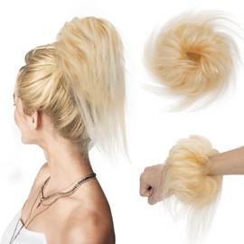 TESSHAIR Thick Messy Bun Hair Piece, Tousled Wavy Human Hair Scrunchies, Short Ponytail Extension, 29g, #Platinum Blonde
