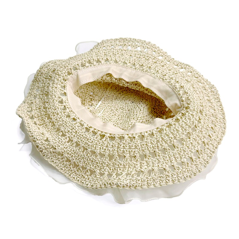 [NAMEOF] オーガンジーフリル 帽子 レディース 麦わら帽子 ハット ストローハット レディース UVカット 日除け帽子