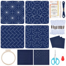 FREEBLOSS 4 Set DIY Sashiko Coasters Kit with Instructions Pre- Printed Sashiko Kit for Beginners Practice Embroidery Kit