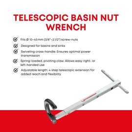 Rothenberger Telescopic Tap Nut Wrench with a 4-Way Extension - Ideal for Basins, Sinks, and other Confined Spaces - 20-48 mm, Swivel Handle, Spring-Loaded Claw - 70226