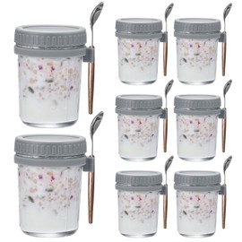 uxcell Overnight Oats Containers with Lids, 8Pcs - 10 Oz Overnight Oats Jars with Spoons and Measurement Marks, Mason Glass Jars for Milk Cereal (Grey)