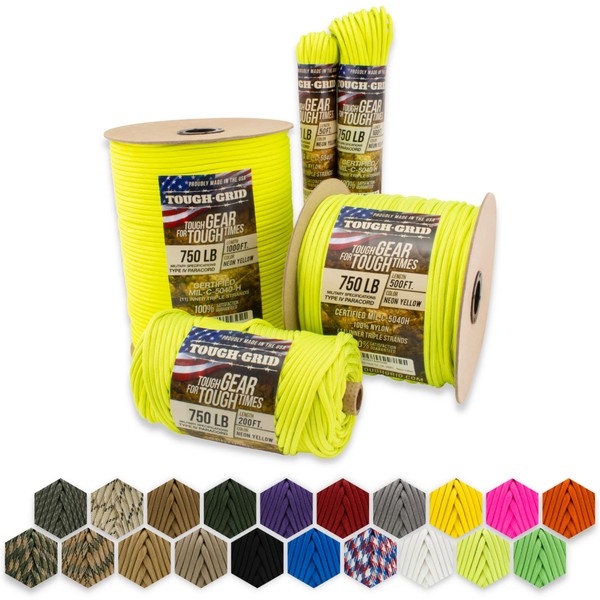 TOUGH-GRID 750lb Neon Yellow Paracord/Parachute Cord - 100% Nylon Mil-Spec Type IV Paracord Used by The US Military, Great for Bracelets and Lanyards, 50Ft. - Neon Yellow