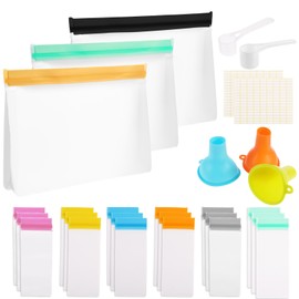 HFYZZ 33 Pcs Protein Powder Travel Container Set, Portable Powder Supplement Container to Go Reusable Clear Zip Up Bags with Funnels, Spoons and Sheet Labels for Workout Travel Fitness Business Trip