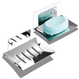 OBELON Shower Soap Holder, Wall Mounted Soap Dish No Drilling for Soap Sponges Brushes, Stainless Steel Soap Dishes with Drain for Kitchen and Bathroom, Polished Area, Silver, Pack of 2