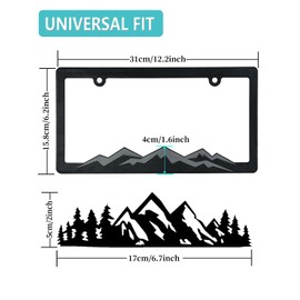 NJNYLLC Mountain License Plate Frames - Plastic Car Tag Holders with Raised Mountain Design, Gray on Black, 2 Pack 2 Hole with Screws & Caps, Mountain Vinyl Sticker Included