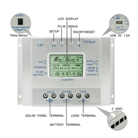 60A Solar Charge Controller 60 amp Solar Panel Regulator with Load Timer, 12V 24V Auto with LCD Display USB 5V 1500mA and Usd for Control Landscape Lights and Water Features