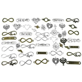Kinteshun Infinity Inspiration Words Lettering Charm Pendant Connector Bracelet Bead Charm Linker for DIY Jewelry Making Findings(50pcs,Silver&Bronze Tones)
