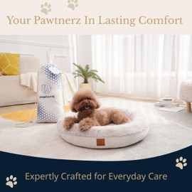 pawtnerz Memory Foam Donut Pet Bed - Waterproof Cushion & Filler, Anti-Tangle Plush Fur, YKK Zipper, Easy-Clean Design, Dual-Surface Cover (21 Inches)