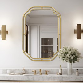 Fobule Rectangle Rounded Corner Wall Mirror, 18" x 26" Scalloped Antique Gold Decorative Mirror for Living Room, Bedroom, Entryway