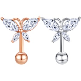 FLYUN Cz Butterfly belly button ring, floating navel ring, tiara gold belly ring dainty belly ring butterfly navel ring belly piercing small belly jewelry (10MM, Silver&Rosegold)