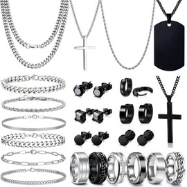 GIFIKOI 30Pcs Jewelry Set for Men Stainless Steel Band Ring Cuban Link Chain Necklace and Bracelet Cross Dog Tag Pendant Necklace Hoop Stud Black Earrings Mens Fashion Jewelry Set Ring Size8