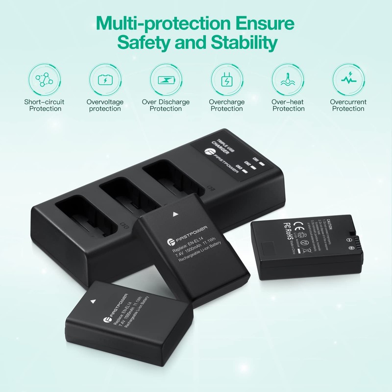 FirstPower EN-EL14/EN-EL14a Battery 3Pcs with Triple Slot Charger for Nikon