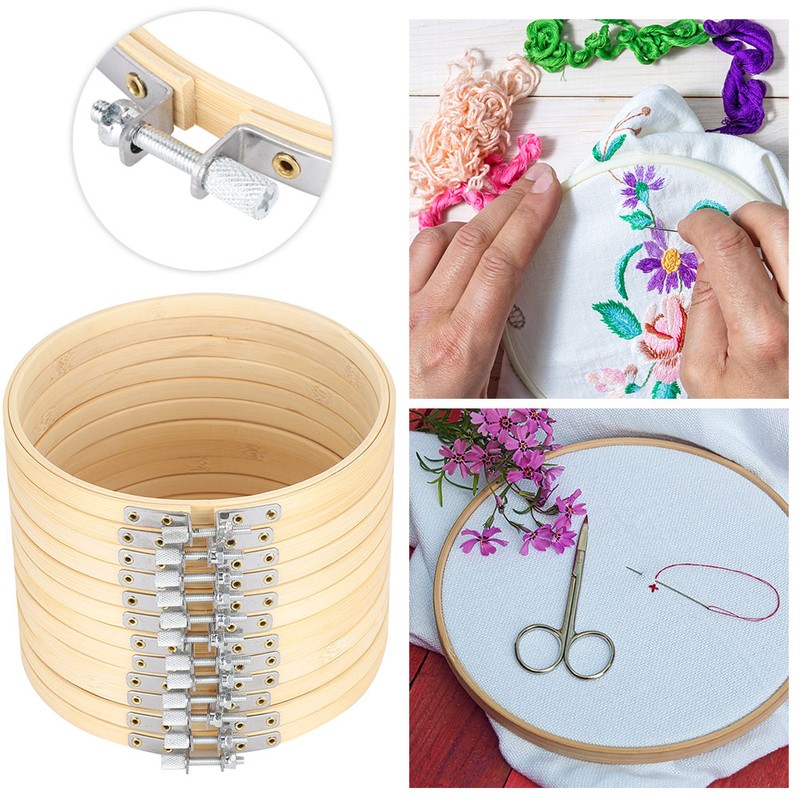 12Pcs Bamboo Embroidery Hoops Adjustable Cross Stitch Frame Circle Sewing