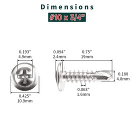 #10 x 3/4" Phillips Wafer Head Sheet Metal Tek Screws (100 pcs), 410 Stainless Steel, Phillips Drive Wafer Head Self Tapping Screws, Fayeploo (with Phillips Driver Bit)