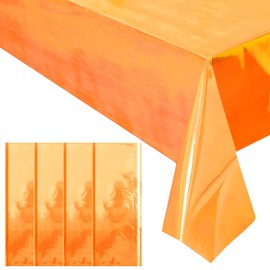 4 Pieces Orange Iridescence Tablecloth - 40 x 108“ Disposable Shiny Laser Table Cloth - Glitter Plastic Tablecloths - Holographic Iridescent Table Cover for Party Decoration, Wedding and Banquet