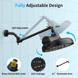 Filtered Shower Head with Extension Arm - EMBATHER 8 Inch High Output Showrhead with 3 Spray Settings, 18 Stage Filter for Hard Water, 11" Adjustable Arm, Brass Swivel Ball Jiont, Matt Black