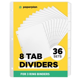 3 Ring Binder Dividers with Tabs - (36 Sets) x 8 Tab Dividers for 3 Ring Binders - White - Binder Dividers with Tabs - Binder Tabs - Page Dividers for 3 Ring Binder with Tabs - Binder Tabs Dividers