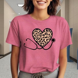 COMIZI Nurse Shirts for Women School Nurse Stethoscope Heart Print Tshirt Nursing Week Tee Tops Pink