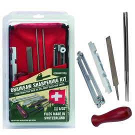 Forester Chainsaw Sharpener File Kit | Includes 2 Round Files, 6" Flat File, Filing Guide, Wood Handle, Guide Holder, Travel Pouch | Chainsaw Sharpener Kit | One Of Each