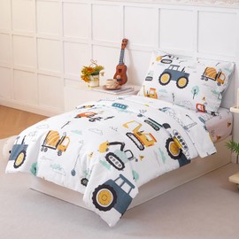 STYHO Childs Single Duvet Cover Set, Reversible Cars Tractor Kids Bedding Set, Soft Breathable Microfiber Vehicles Boys Girls Quilt Covers White with Zipper, 135 x 200cm