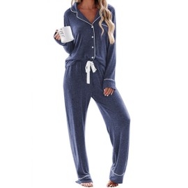 Ekouaer Women's Long Sleeve Premium Sleepwear Cotton Sleep Shirts Button Front Pajamas Top with Pj Pants (Dark Blue,XL)