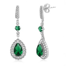Jewelili Sterling Silver 9x6 MM Pear Shape and 3.5 MM Round Simulated Emerald with Round Created White Sapphire Teardrop Dangle Earrings