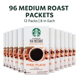 Starbucks VIA Instant Coffee, Medium Roast Coffee, Pike Place Roast, 100% Arabica, 12 boxes (96 packets total)