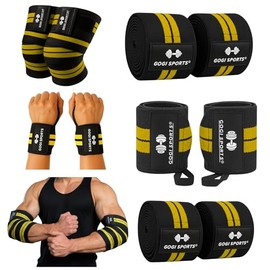 Kit Vendas Para Rodilla Knee Wraps + Coderas +muñequeras Gym Compresion, elasticas provee Apoyo y compresion para Levantamiento de Peso, sentadillas, 