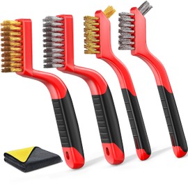 Wire Brush Set, 4-Piece - Nylon/Brass/Stainless Steel Wire Brush/Cleaning Towel with Curved Handle for Rust Removal, Stain Removal and Paint Brush Deep Cleaning - 7-Inch and 8-Inch (Red)