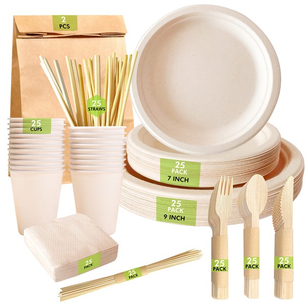 Compostable Paper Plates Set [227 PCS] – with Bamboo Cutlery, Cups, Straw, Paper Napkin, Skewer sticks & Trash Bag | Heavy Duty, Eco-friendly | BBQ, Picnic & Parties